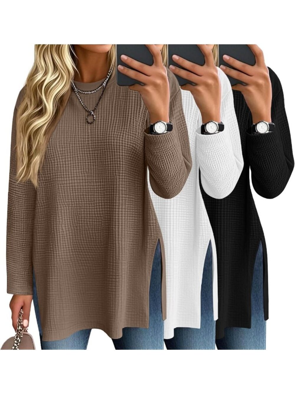 Cozy 3-Pack Women's Oversized Waffle Knit Long Sleeve Tops - Casual Chic Style